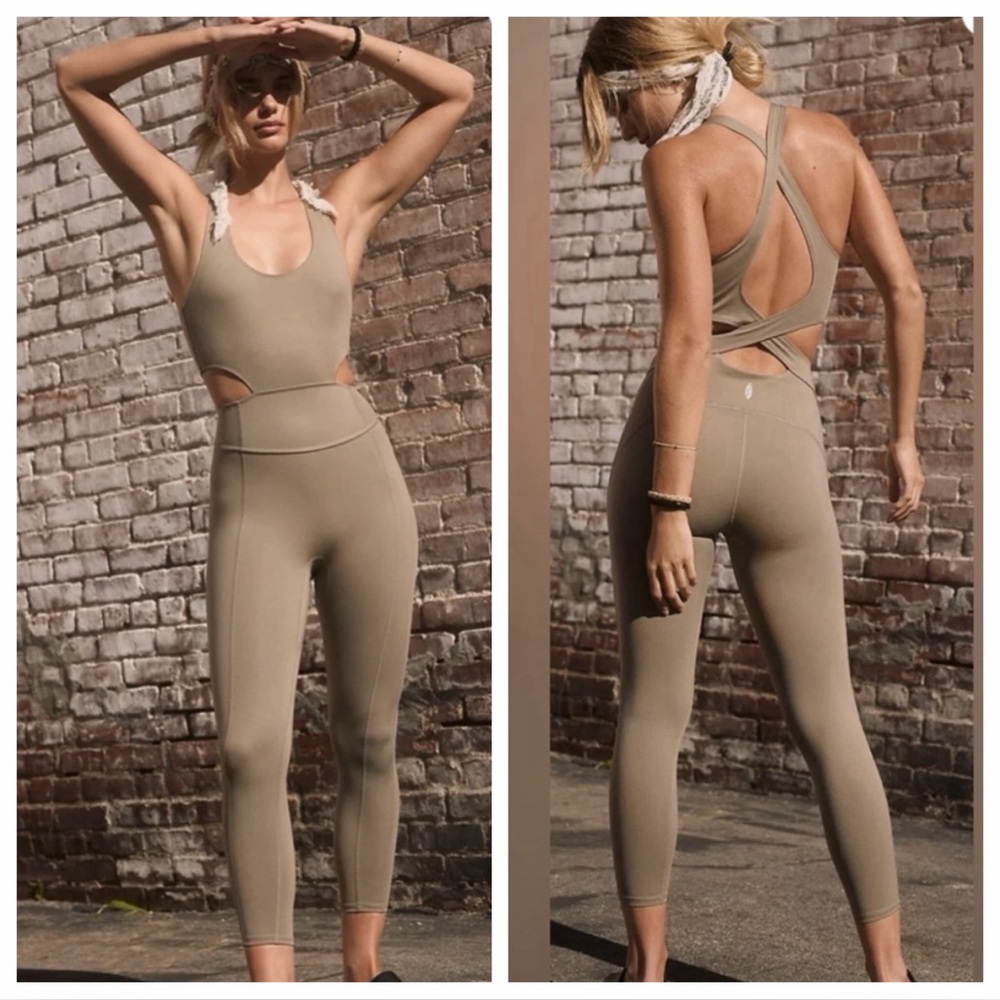 FREE PEOPLE FP MOVEMENT Back It Up Jumpsuit in Saige Beige Athletic size S NWT